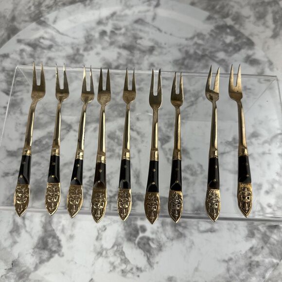 Vintage Mid Century Modern Siam Appetizer Forks 9 Piece Brass Thailand Buddha - Picture 1 of 8